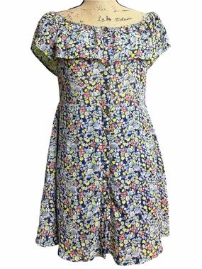 Speechless Navy Floral Off-Shoulder Dress with Yellow and Pink Blooms. EC. Large